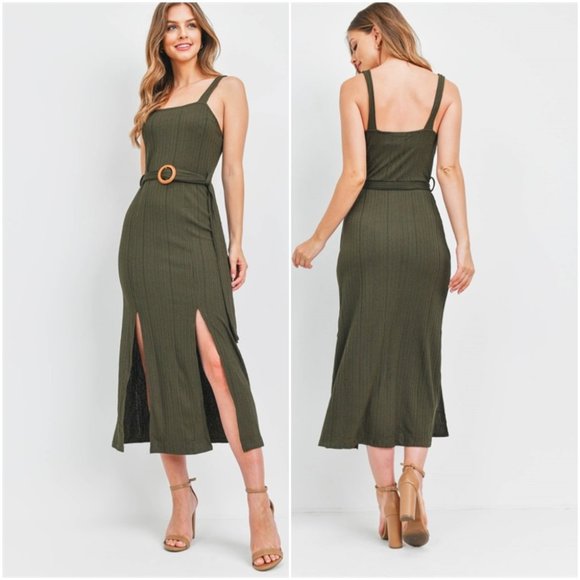 Trend Setter Diva Boutique Dresses & Skirts - Olive Belted ribbed Dress